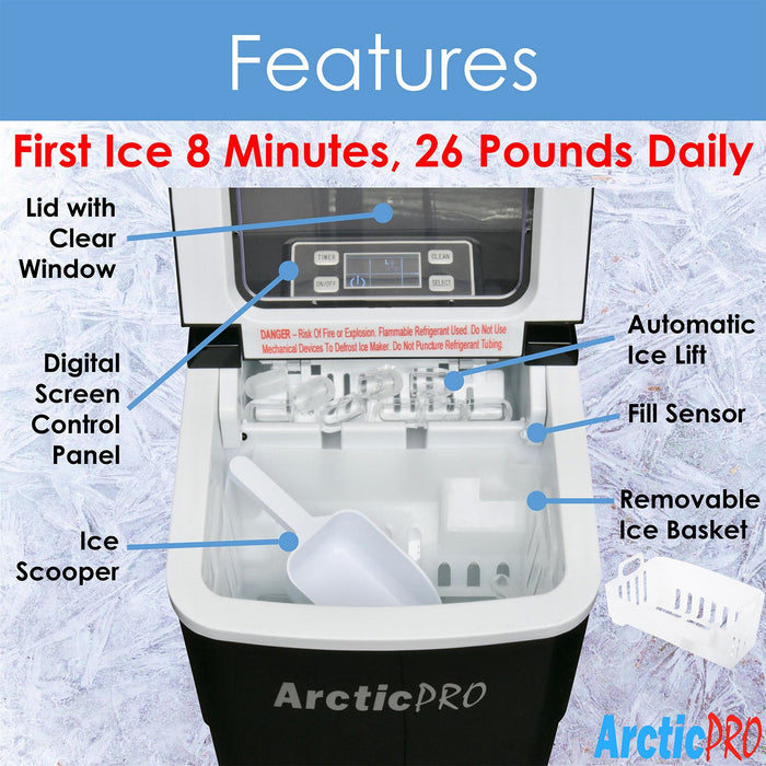 Arctic-Pro Portable Digital Quick Ice Maker Machine, Black, Makes 2 Ice Sizes