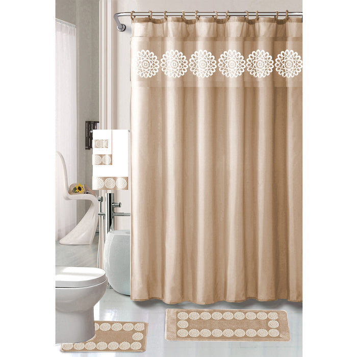 Cynthia 18 Piece Shower Curtain with Embroidered Non-Slip Bath Rug and Towel Set