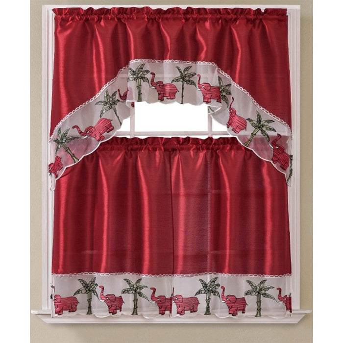 Elephant Embroidered Kitchen Curtain Set, Swag 60x36, 30x36 Inches