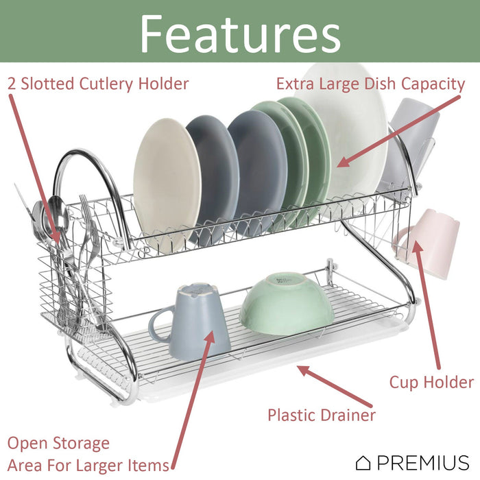 Premius 2-Tier S-Shape Dish Rack With Drainage Tray and Cutlery Holder, Chrome, 22x9.75x15 Inches