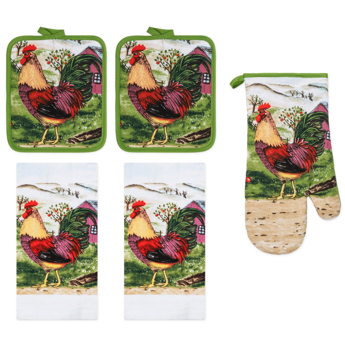 PREMIUS 5 Piece Printed Kitchen Linen Set, 2 Cotton Towels, 2 Pot Holders, 1 Oven Mitt