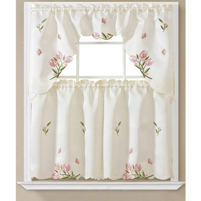 Shona 3 Piece Embroidered Kitchen Curtain Set, White, Swag 60x36, Tiers 30x36 Inches