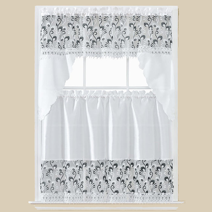 Claudia 3-Piece Embroidery Kitchen Curtain Tier and Swag Set, White-Black, 60x36 Inches