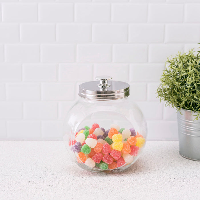 Home Basics Medium 57.48 oz. Round Glass Medium Candy Storage Jar with Stainless Steel Top, Clear