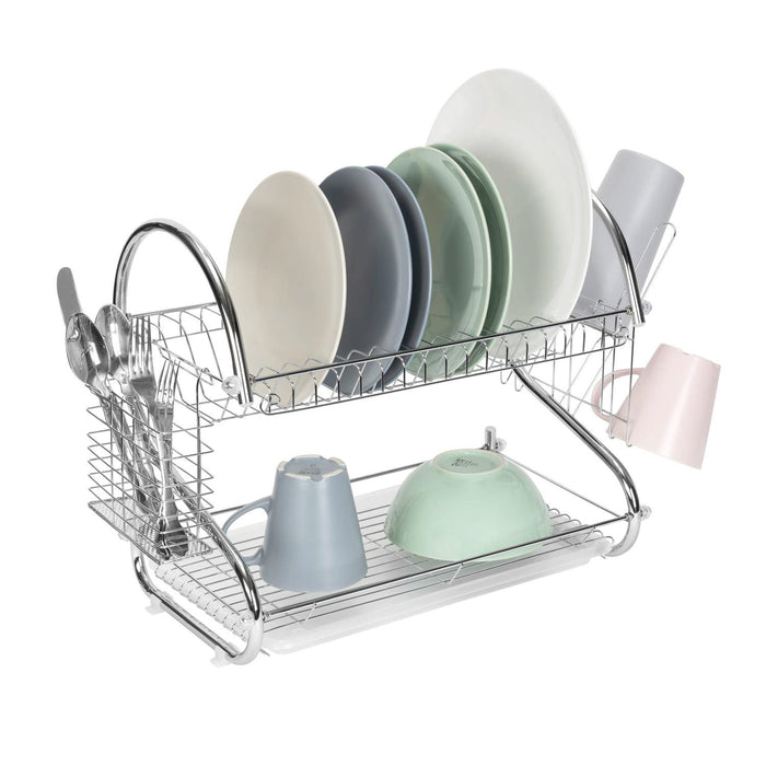 Premius 2-Tier Chrome Finish S-Shape Dish Rack With Removable Drainage Tray and Cutlery Holder, 16x9.75x15 Inches