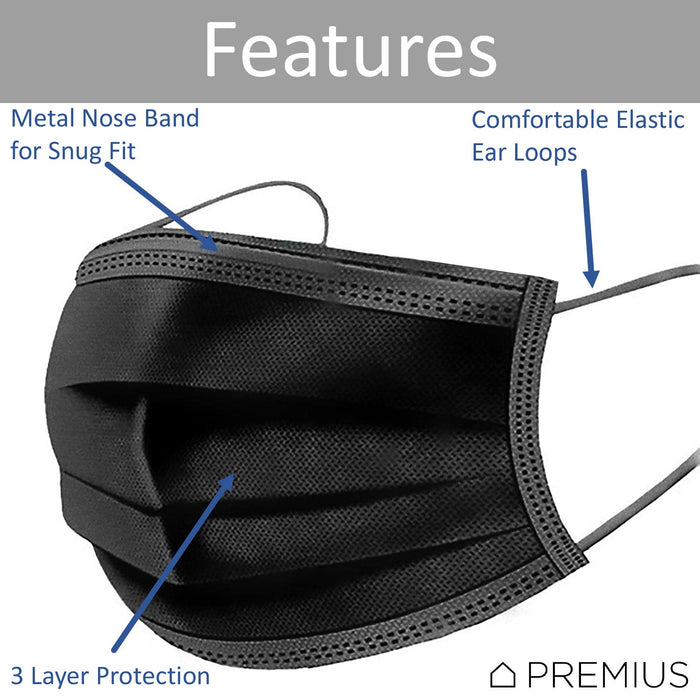 Premius Protective Disposable Face Mask, Elastic Band, Black, Metal Nose Wire, 50-Pack