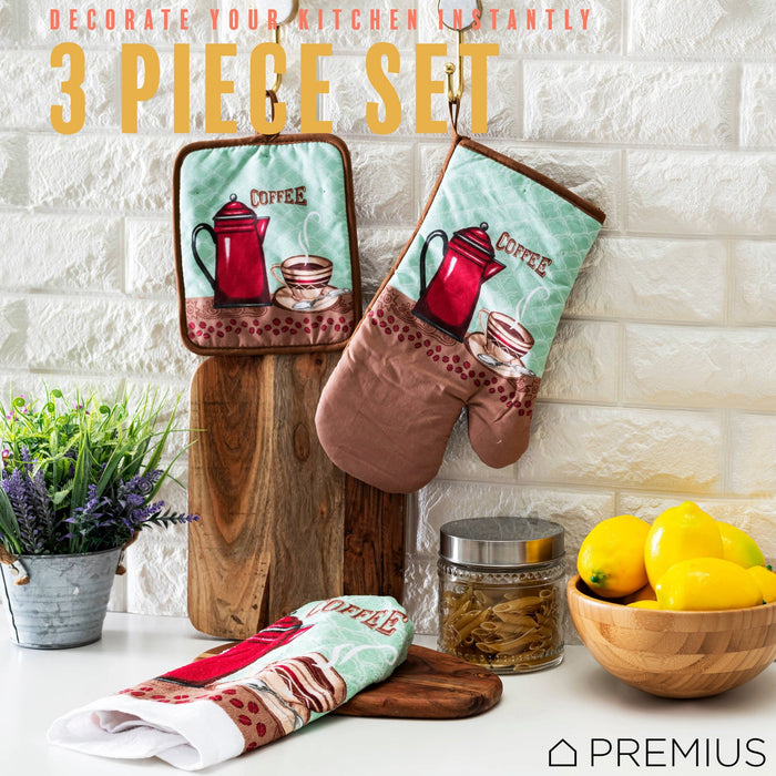 PREMIUS 3 Piece Printed Kitchen Linen Set, 1 Cotton Towel, 1 Pot Holder, 1 Oven Mitt