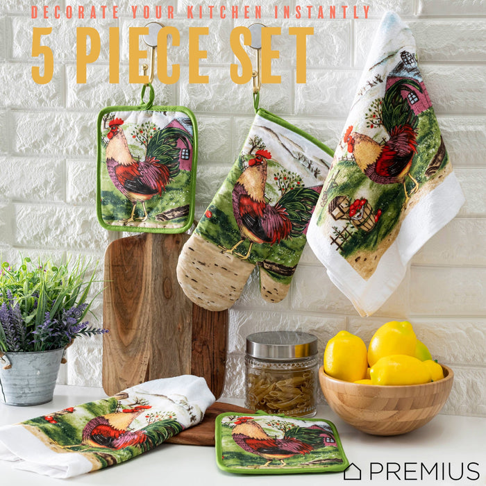 PREMIUS 5 Piece Printed Kitchen Linen Set, 2 Cotton Towels, 2 Pot Holders, 1 Oven Mitt