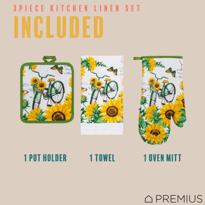 PREMIUS 3 Piece Printed Kitchen Linen Set, 1 Cotton Towel, 1 Pot Holder, 1 Oven Mitt