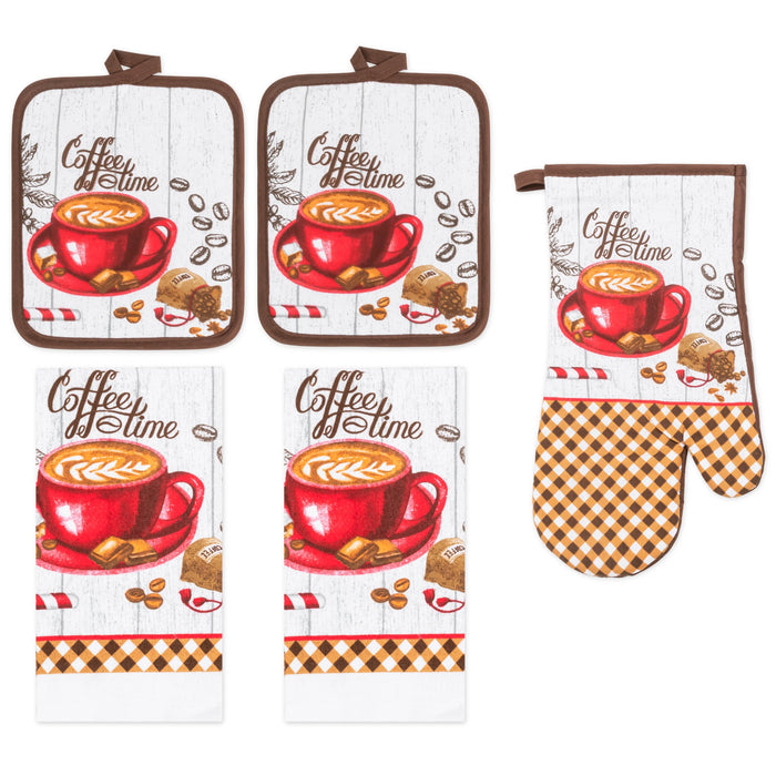 PREMIUS 5 Piece Printed Kitchen Linen Set, 2 Cotton Towels, 2 Pot Holders, 1 Oven Mitt