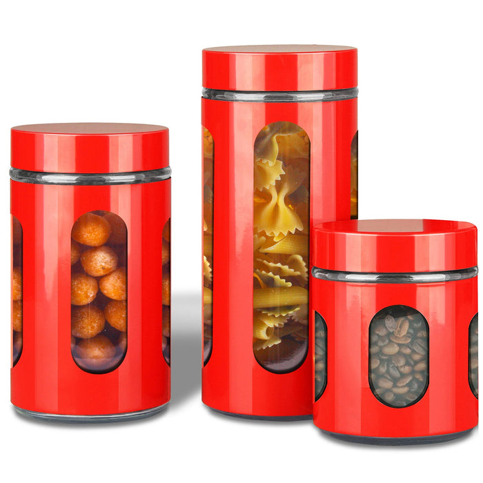 Premius Airtight 3-Piece Kitchen Glass Canister Set, Red