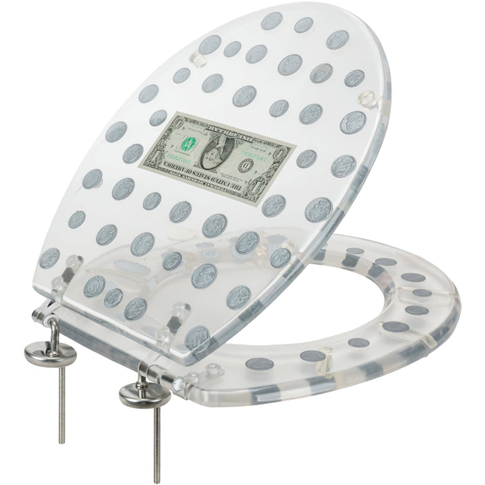 PREMIUS Polyresin Dollar Bill & Coins Money Toilet Seat, Clear, Standard Round, 17 Inches