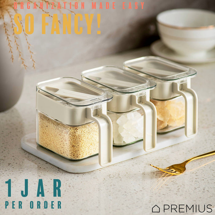 PREMIUS Stacking Glass Seasoning Spice Jar with No-Touch Spoon and Lid, White, 10.58 Ounces