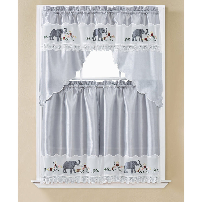 Grace Embroidered Elephant Kitchen Curtain Set, Swag 60x36, Tiers 30x36 Inches