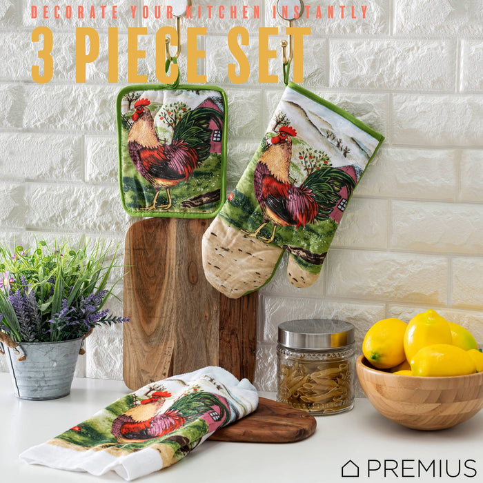 PREMIUS 3 Piece Printed Kitchen Linen Set, 1 Cotton Towel, 1 Pot Holder, 1 Oven Mitt