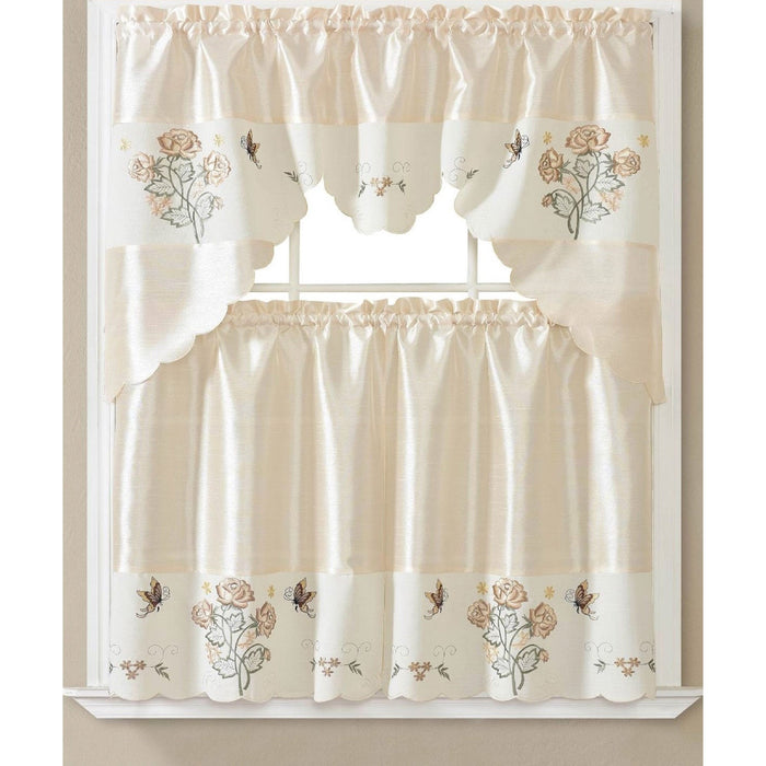 Emily 3 Piece Embroidered Kitchen Curtain Set, Beige, Swag 60x36, Tiers 30x36 Inches