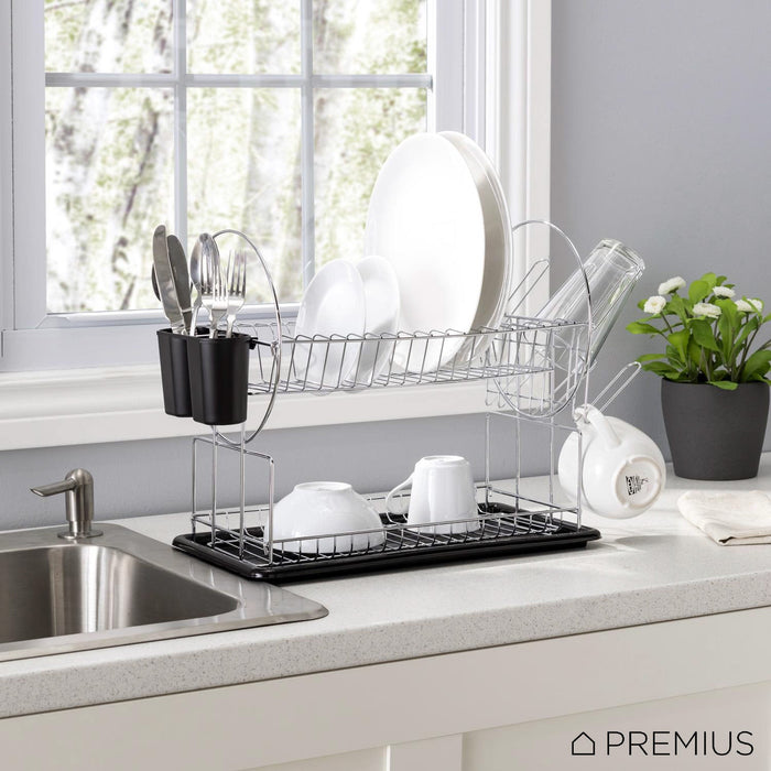 Premius 2-Tier Chrome Finished Drying Dish Rack, Black, 20.25x9x14 Inches