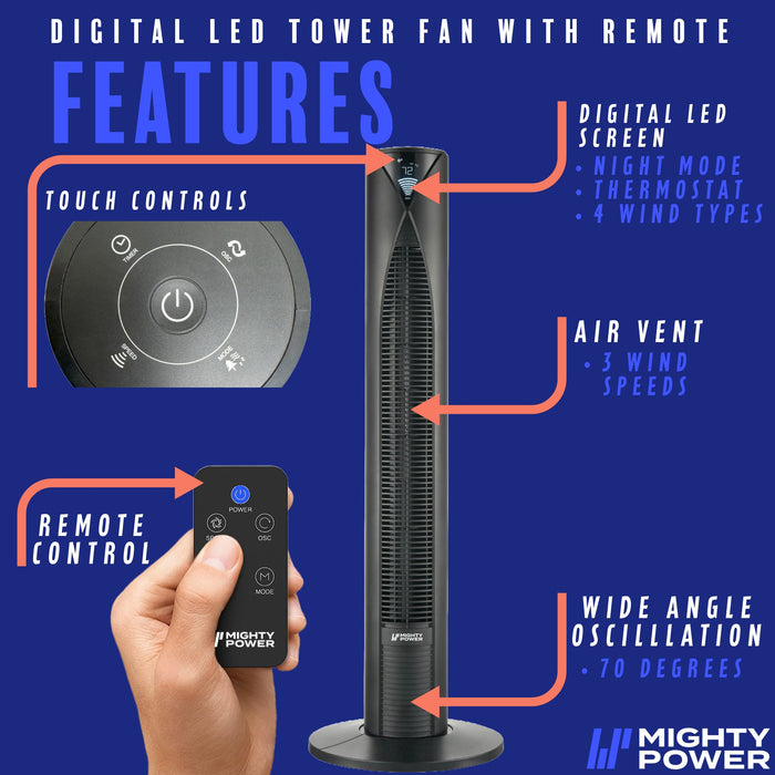 MIGHTY POWER 3 Speed LED Tower Fan With Remote Control, Timer, Night Mode, Black, 38 Inches