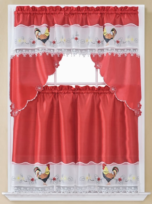 Rooster 3-Piece Embroidered Kitchen Curtain Set, Red, Tier 30x36, Valance 60x36 Inches