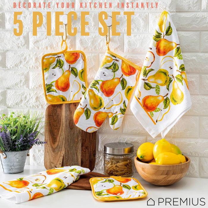 PREMIUS 5 Piece Printed Kitchen Linen Set, 2 Cotton Towels, 2 Pot Holders, 1 Oven Mitt