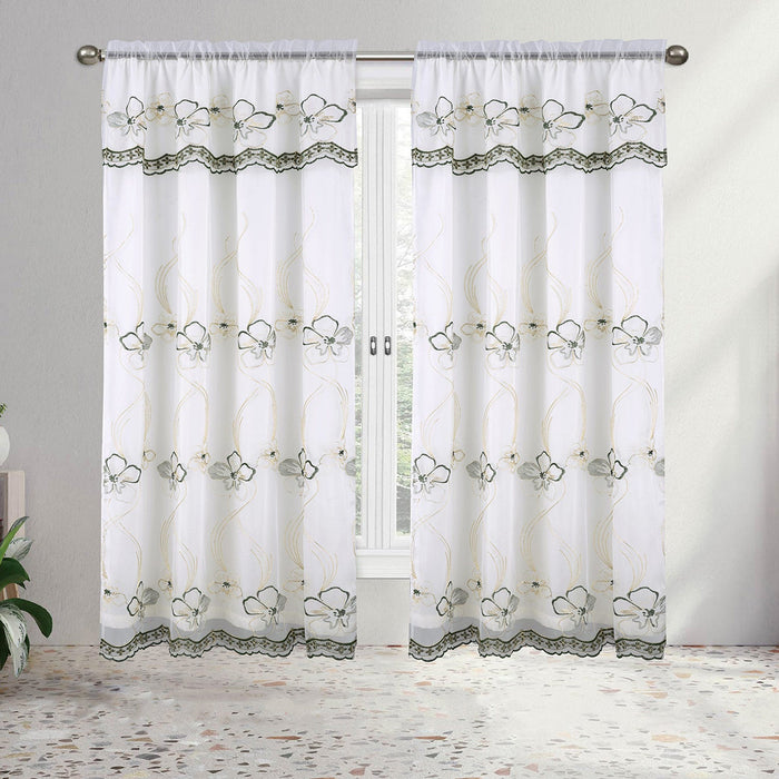 Amira Floral Embroidery Window Panel with Valance and Backing, 55x84 Inches