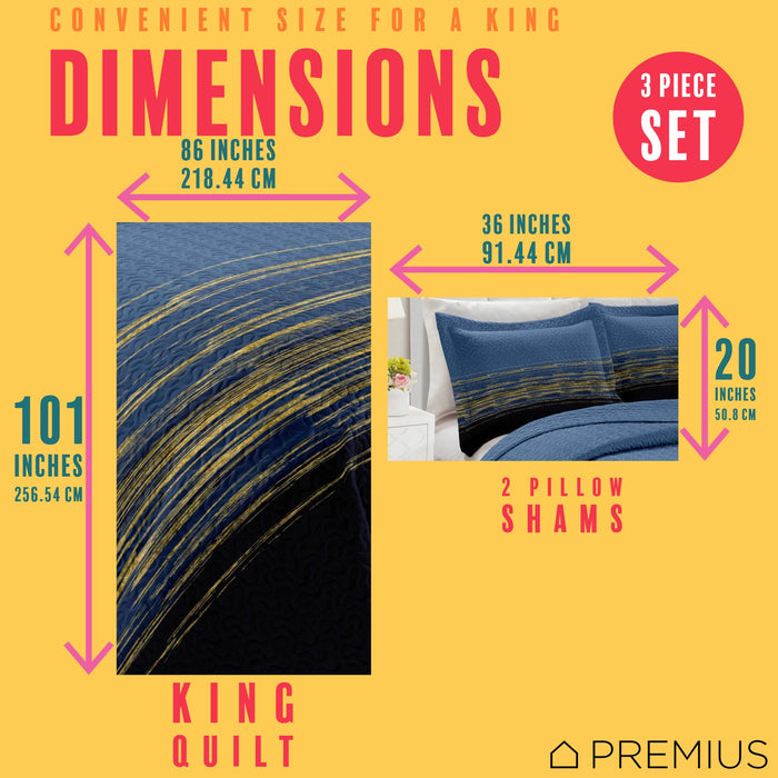 PREMIUS Leo 3 Piece Microfiber Wrinkle-Free Quilt Set, Navy-Gold