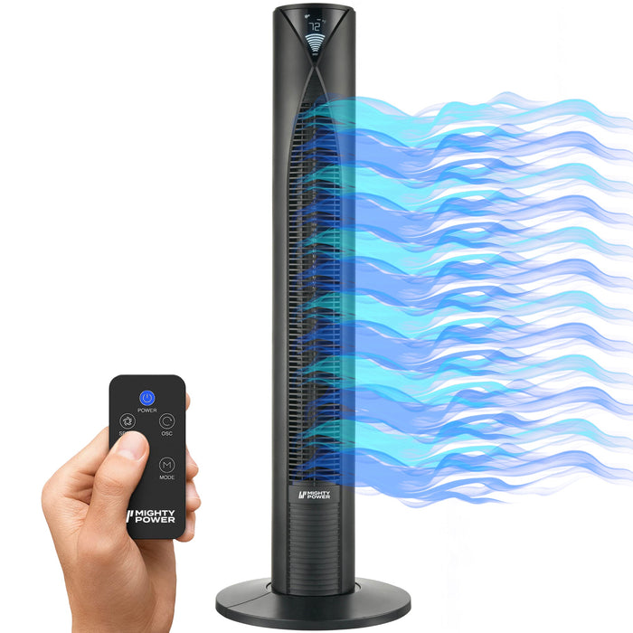 MIGHTY POWER 3 Speed LED Tower Fan With Remote Control, Timer, Night Mode, Black, 38 Inches