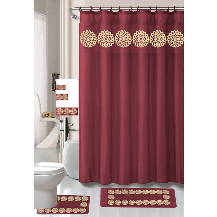 Cynthia 18 Piece Shower Curtain with Embroidered Non-Slip Bath Rug and Towel Set