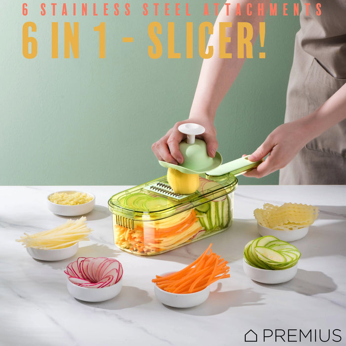 PREMIUS 6-In-1 Mandoline Slicer with Storage Bin and Handle, Green-Clear, 1.5 Quarts