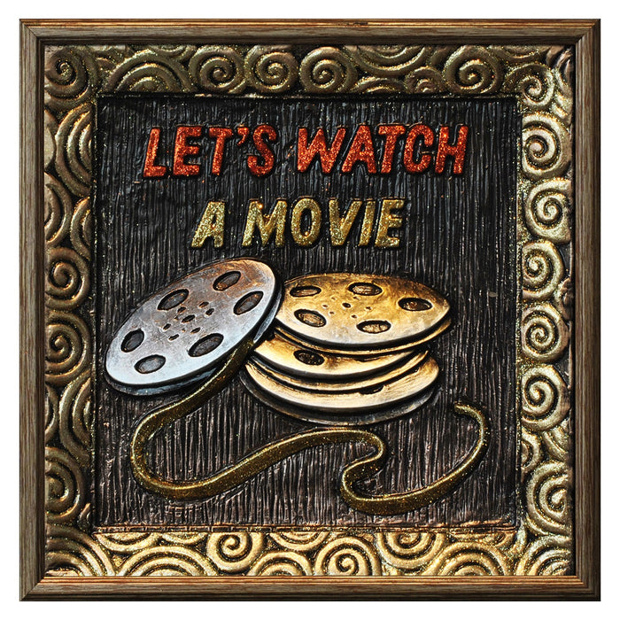 Premius 3D Let’s Watch a Movie Framed Wall Decor, Brown, 14x14 Inches