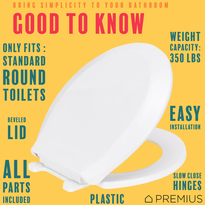 PREMIUS Slow Close Beveled Plastic Toilet Seat, Standard Round, 17 Inches