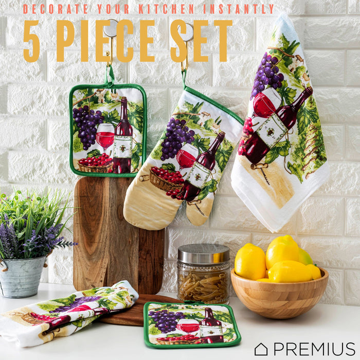 PREMIUS 5 Piece Printed Kitchen Linen Set, 2 Cotton Towels, 2 Pot Holders, 1 Oven Mitt