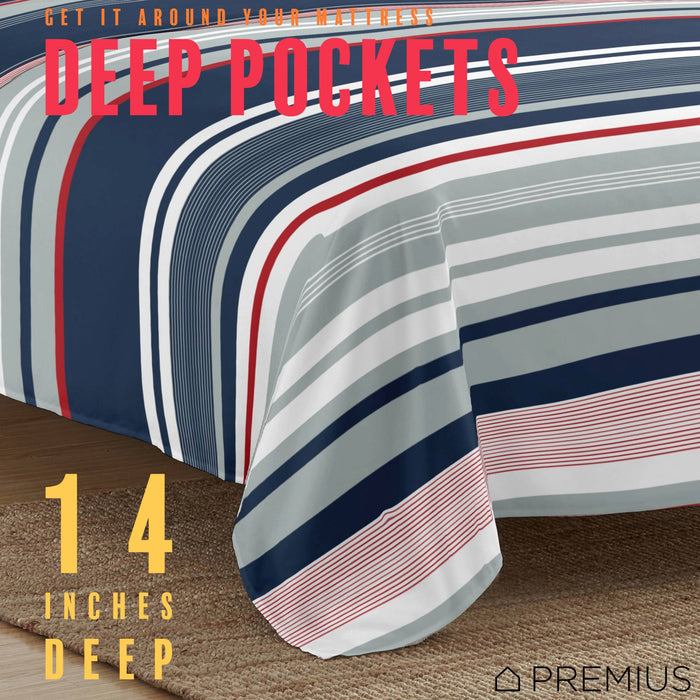 PREMIUS Mateo Soft Wrinkle-Free Microfiber Sheet Set, Blue-Multi-Striped