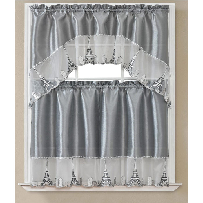 Paris Embroidered Kitchen Curtain Set, Swag 60x36, 30x36 Inches