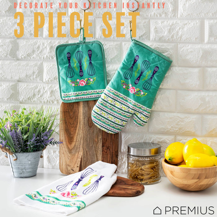 PREMIUS 3 Piece Printed Kitchen Linen Set, 1 Cotton Towel, 1 Pot Holder, 1 Oven Mitt