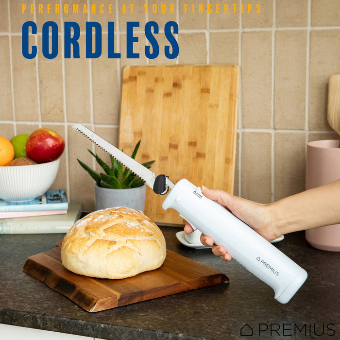 PREMIUS Professional Rechargeable Cordless Electric Knife, 1 Serrated Blade, White