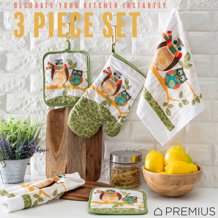 PREMIUS 3 Piece Printed Kitchen Linen Set, 1 Cotton Towel, 1 Pot Holder, 1 Oven Mitt