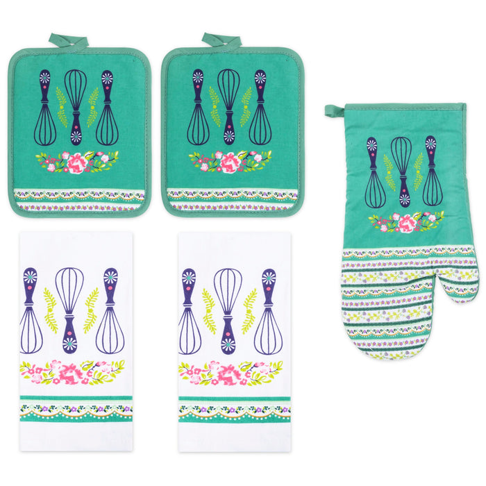 PREMIUS 5 Piece Printed Kitchen Linen Set, 2 Cotton Towels, 2 Pot Holders, 1 Oven Mitt