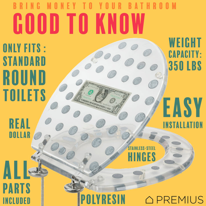 PREMIUS Polyresin Dollar Bill & Coins Money Toilet Seat, Clear, Standard Round, 17 Inches