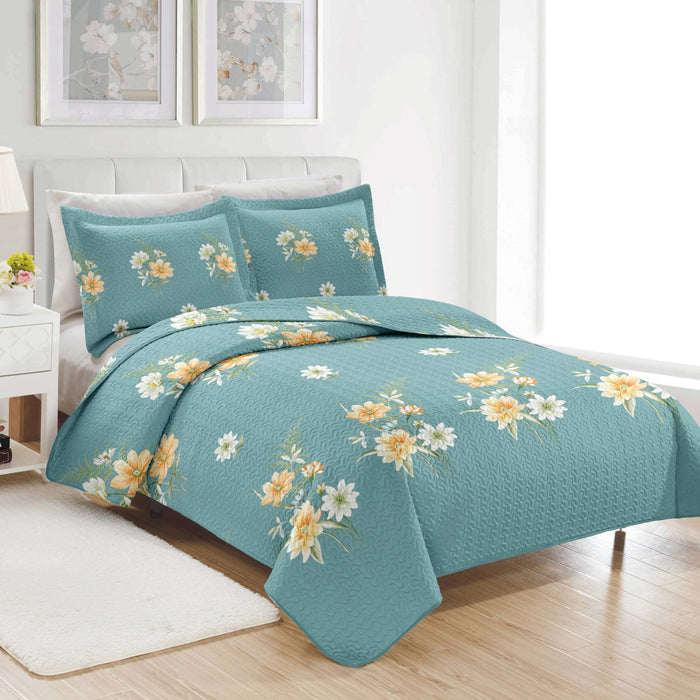PREMIUS Lucea 3 Piece Microfiber Wrinkle-Free Quilt Set, Soft Blue