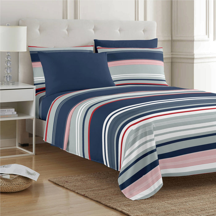 PREMIUS Mateo Soft Wrinkle-Free Microfiber Sheet Set, Blue-Multi-Striped