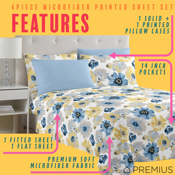 PREMIUS Eliana Soft Wrinkle-Free Microfiber Sheet Set, Blue-Yellow