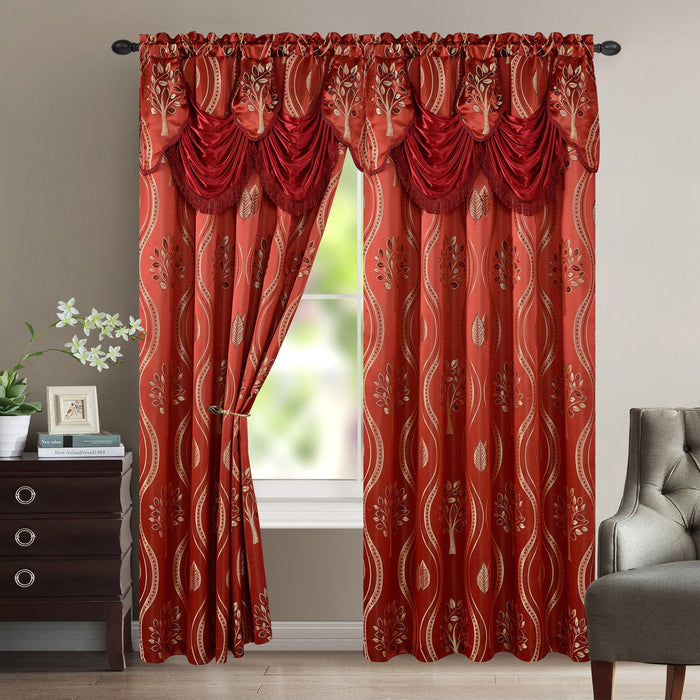 Aurora Tree Leaf Jacquard Window Panel with Attached Valance, Burgundy, 54x84 Inches