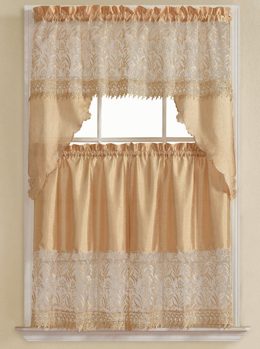 Ortie 3-Piece Gold Embroidered Kitchen Curtain Set, Gold, Tiers 30x36, Swag 60x36 Inches