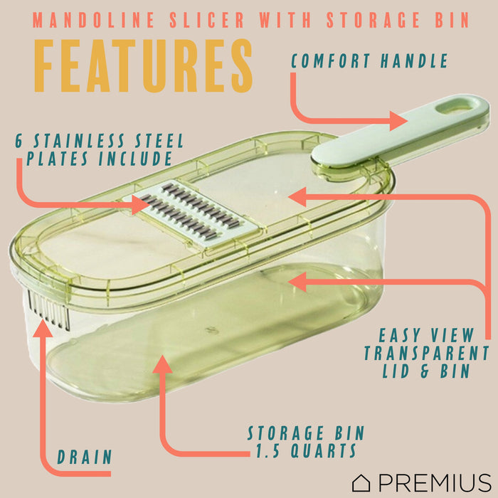 PREMIUS 6-In-1 Mandoline Slicer with Storage Bin and Handle, Green-Clear, 1.5 Quarts