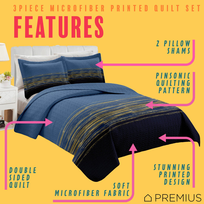 PREMIUS Leo 3 Piece Microfiber Wrinkle-Free Quilt Set, Navy-Gold