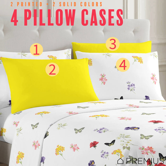 PREMIUS Butterfly Soft Wrinkle-Free Microfiber Sheet Set, White-Multi