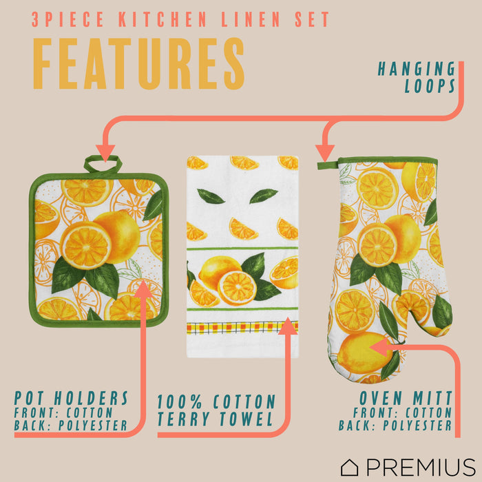 PREMIUS 3 Piece Printed Kitchen Linen Set, 1 Cotton Towel, 1 Pot Holder, 1 Oven Mitt