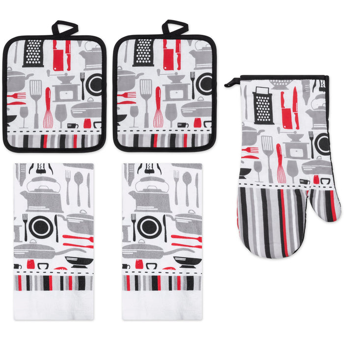 PREMIUS 5 Piece Printed Kitchen Linen Set, 2 Cotton Towels, 2 Pot Holders, 1 Oven Mitt