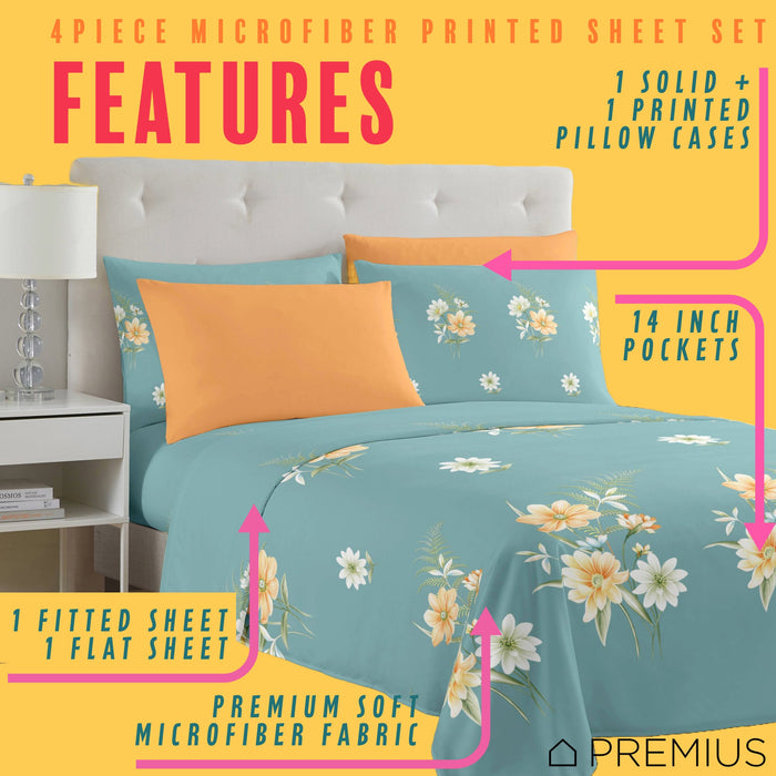 PREMIUS Lucea Soft Wrinkle-Free Microfiber Sheet Set, Soft Blue-Orange